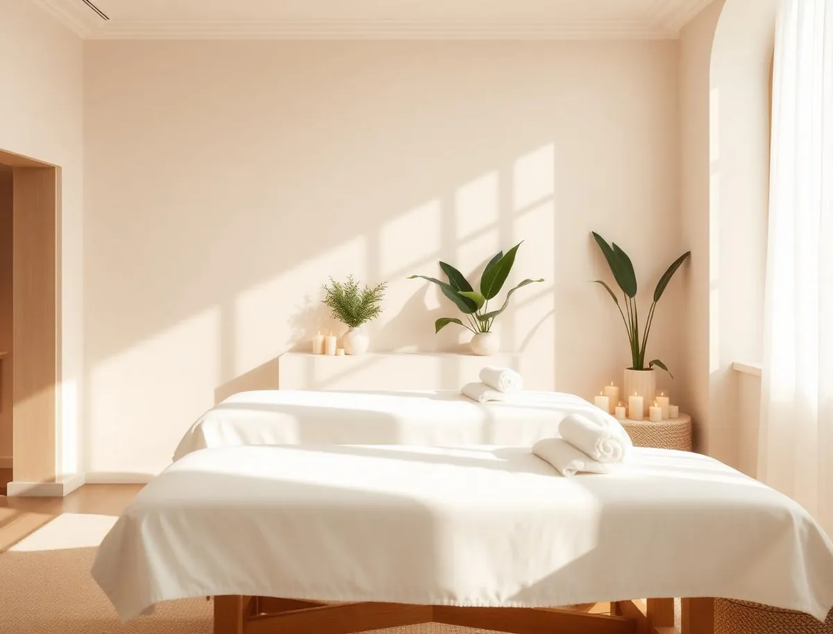 Two made-up massage tables with folded linens standing in an empty sunlit treatment room with potted plants
