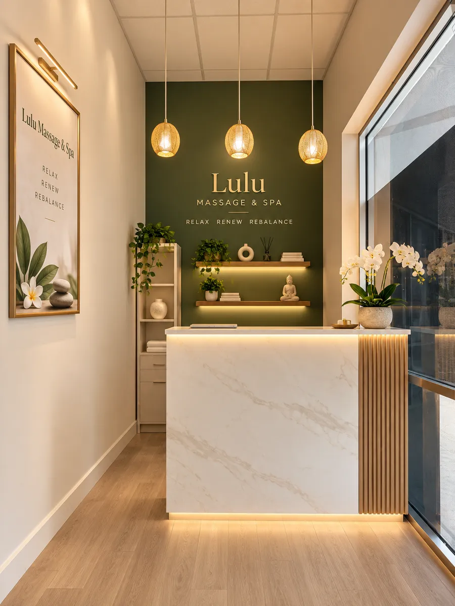 The reception counter at Lulu Massage & Spa on Barker Cypress Road, with the studio name in gold on the olive green wall behind it, three rattan pendant lamps overhead and white orchids on the marble top